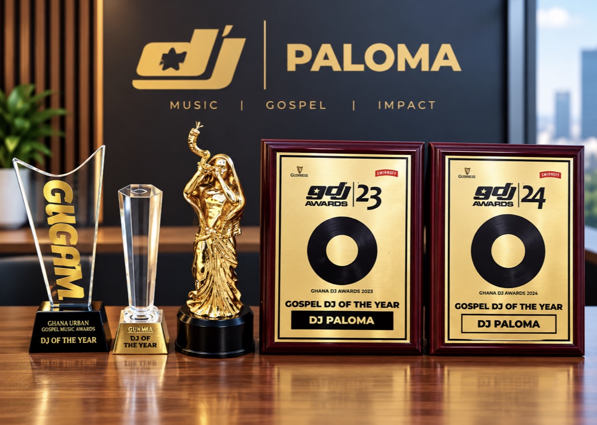 DJ Paloma official award trophies and plaques including GUGMA, Ghana DJs Awards, and Praise Achievement Awards